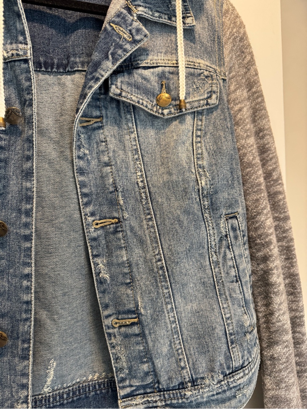 Free People Blue Denim Jacket with Gray Knit Hood & Sleeves - Picture 2 of 5